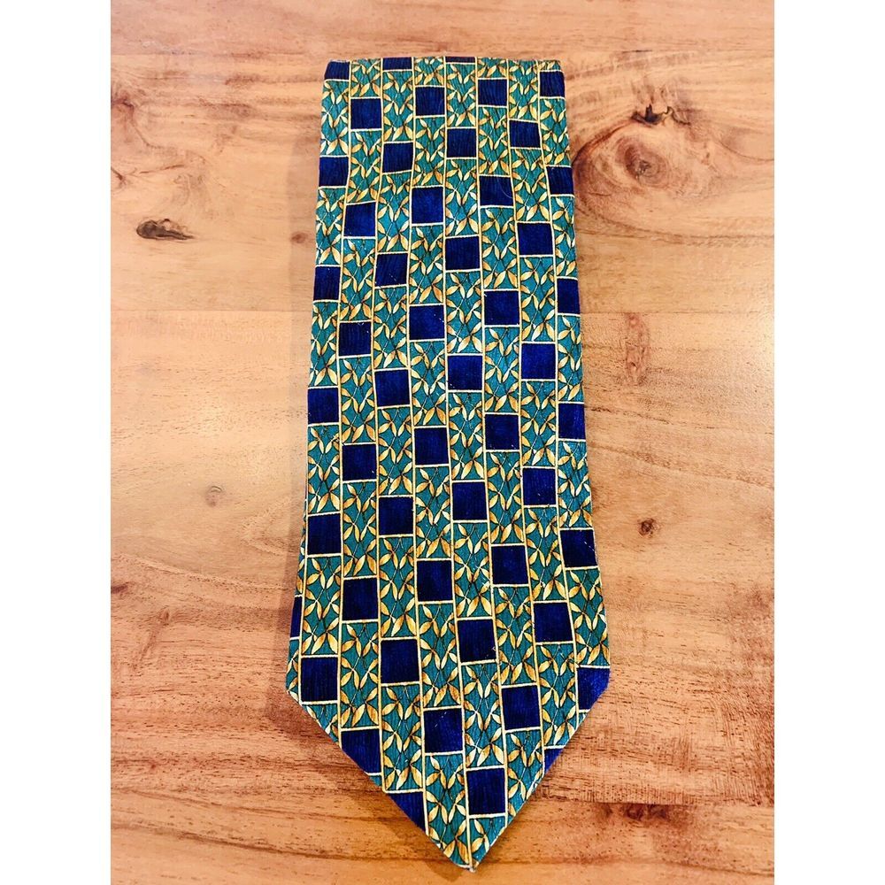 Tom James 100% Silk Geometric Blue Teal Geometric Check Tie